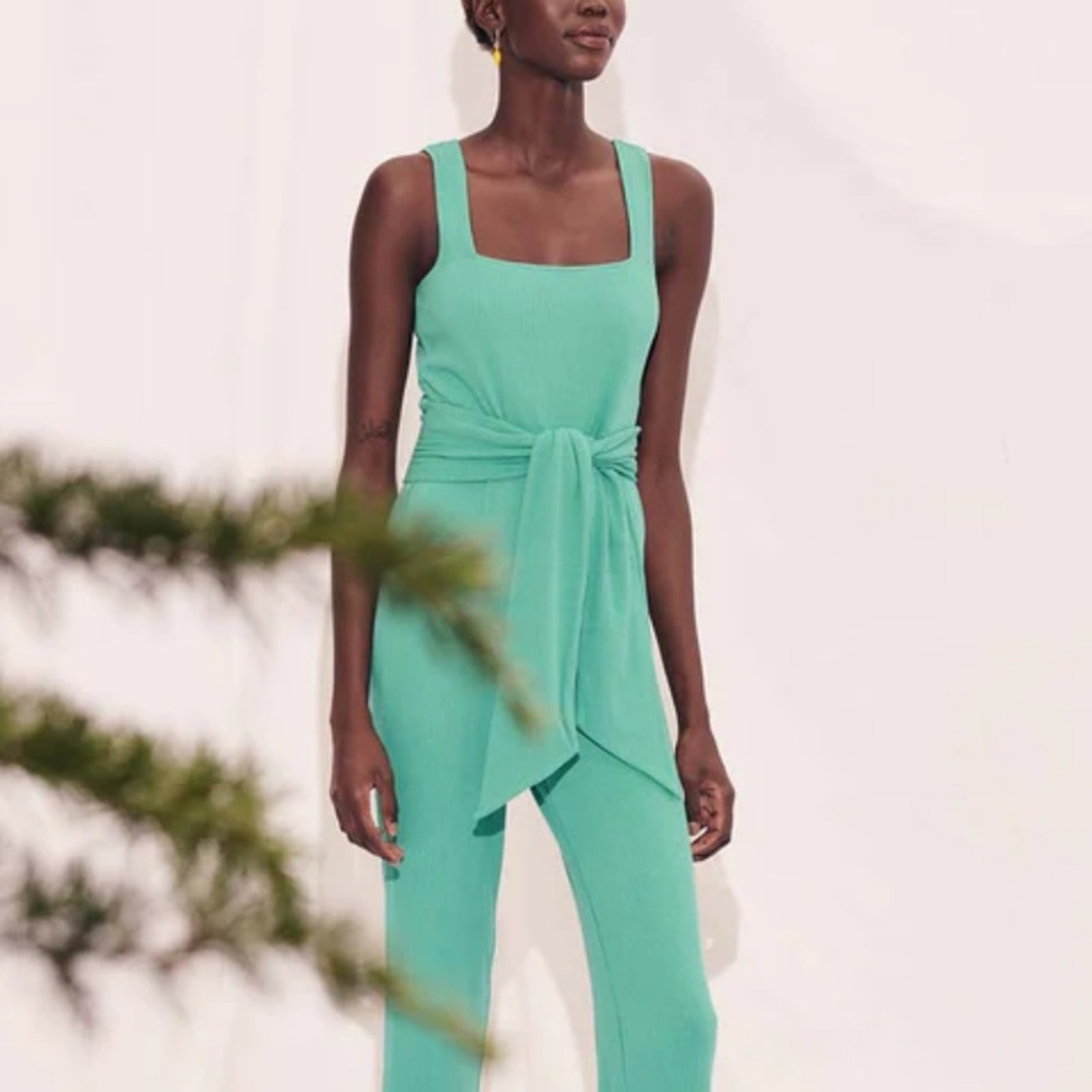 Saylor Sleeveless Jumpsuit Tie Waist Ribbed Teal Blue Size Small